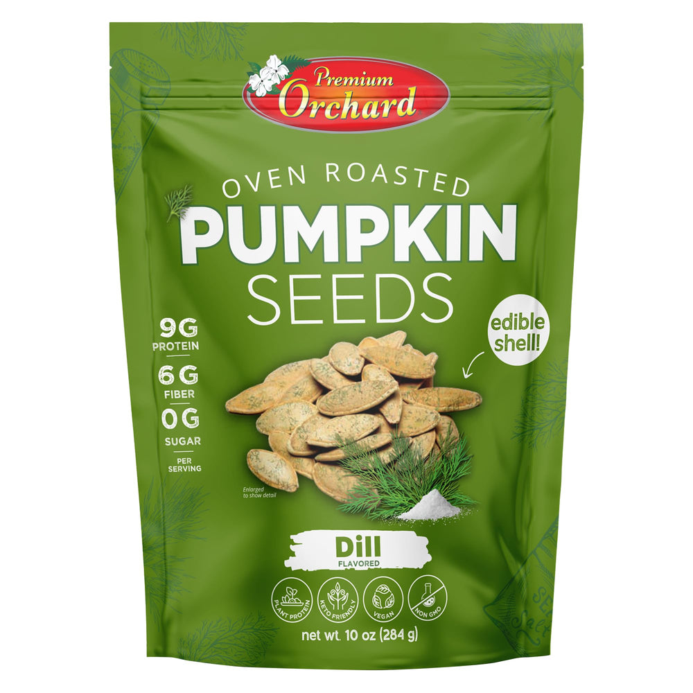 Premium Orchard front packaging showing dill flavor and resealable benefit