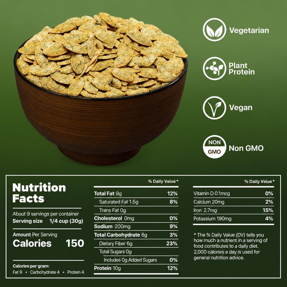 Premium Orchard seeds beside measuring scoop showing serving size clarity