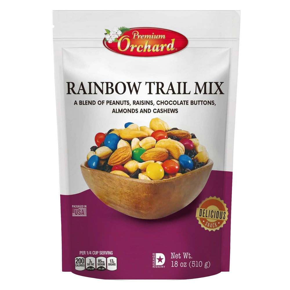 Premium Orchard front packaging showing mixed nuts and chocolate, convenient resealable pouch