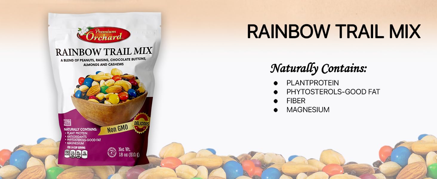 Premium Orchard ingredients flatlay with almonds, cashews, peanuts and raisins showing quality
