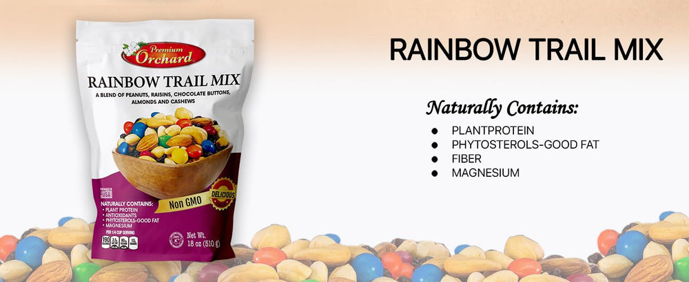 Premium Orchard ingredients flatlay with almonds, cashews, peanuts and raisins showing quality