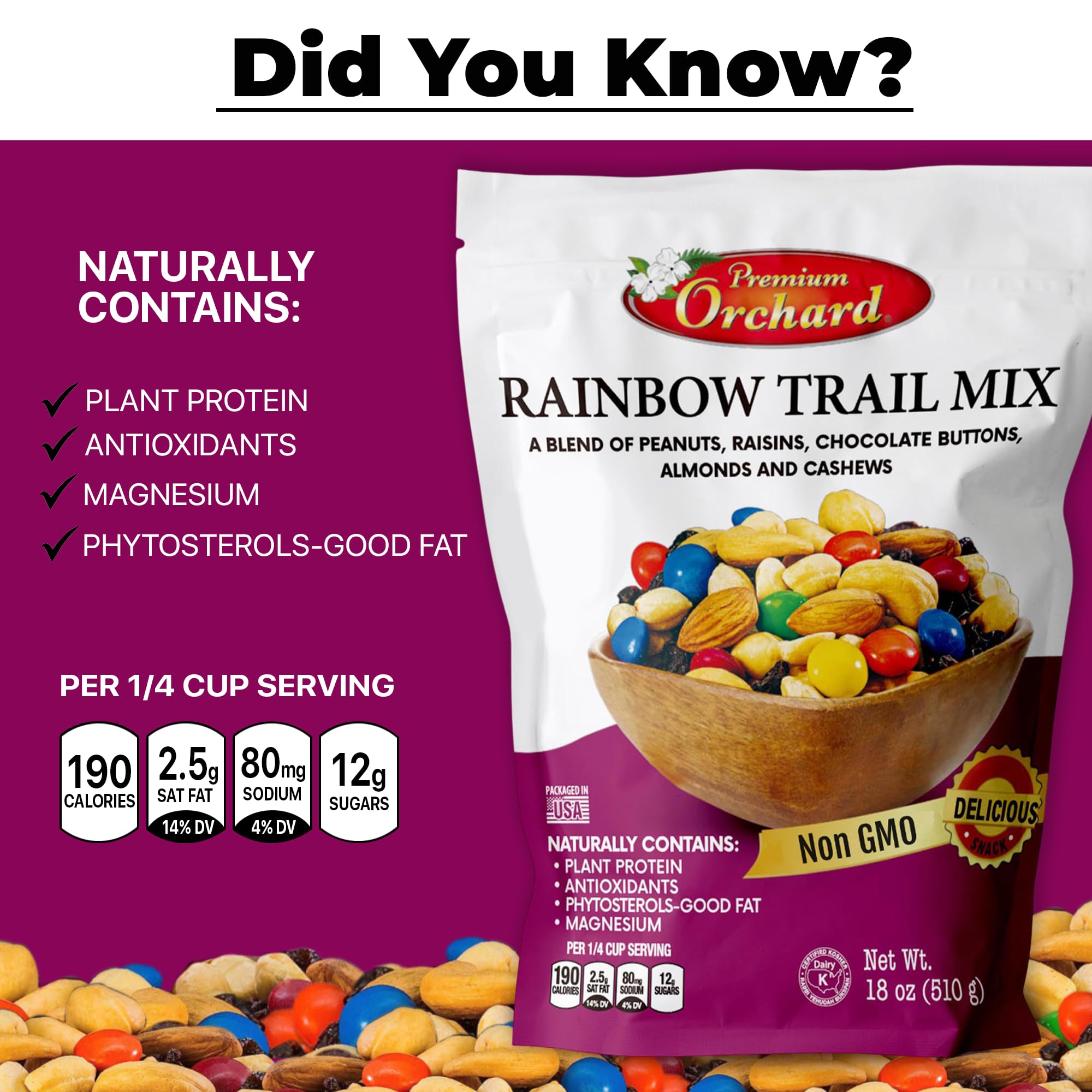 Premium Orchard trail mix in a bowl styled on table for serving and entertaining