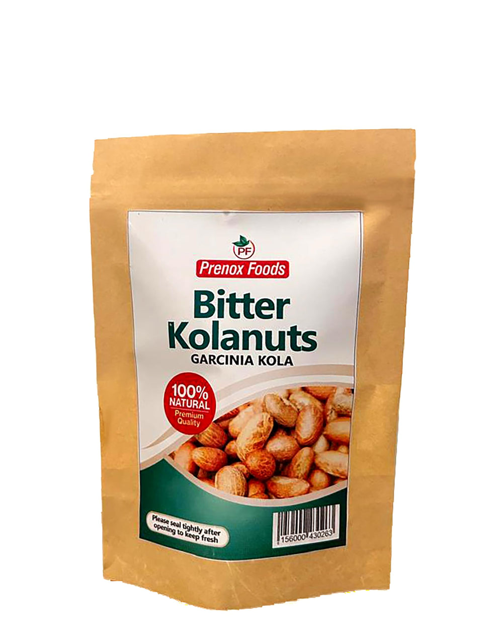 Prenox Foods front packaging showing whole Garcinia kola nuts and clear labeling benefit preservation
