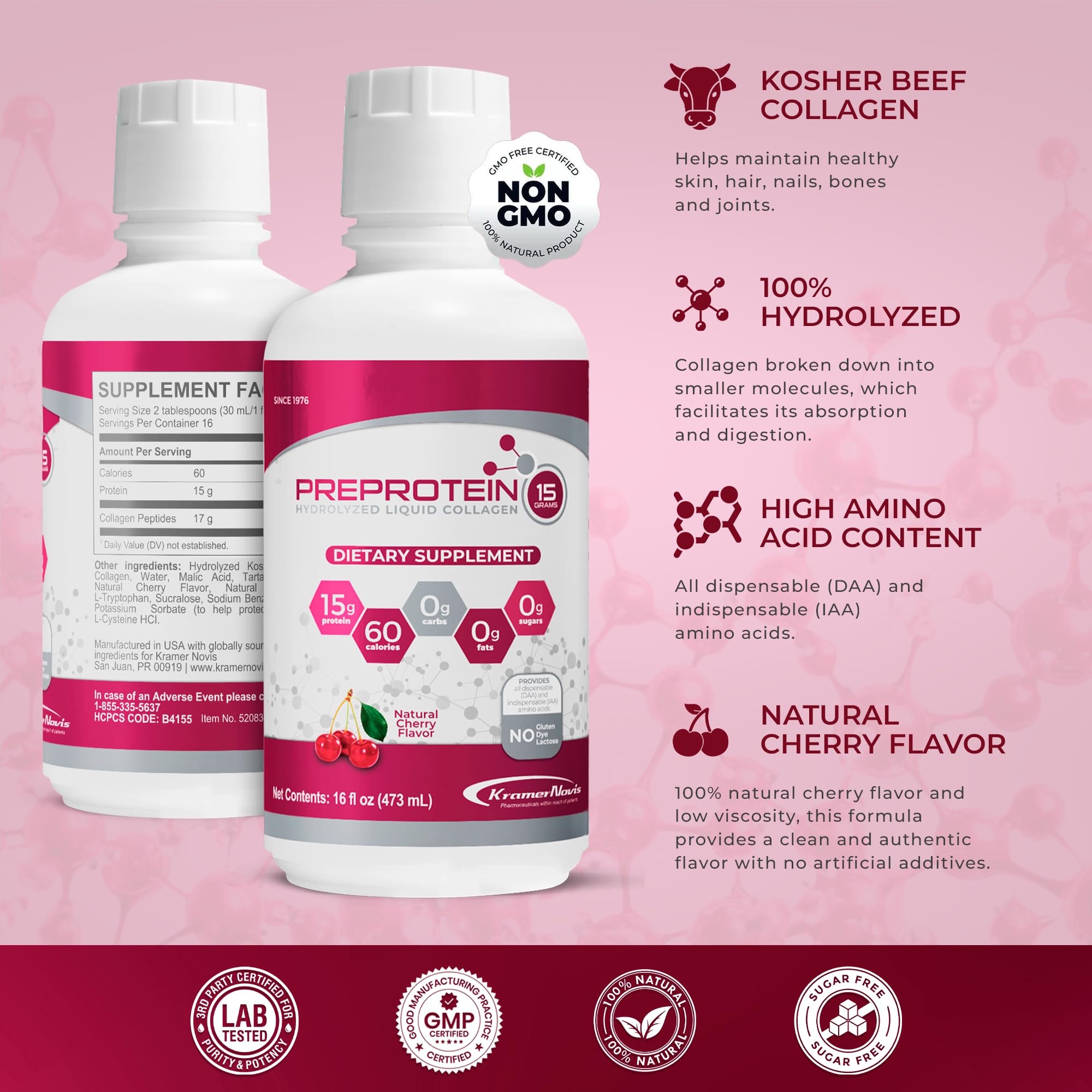 PreProtein closeup label and supplement facts, clarifies protein and collagen content benefit