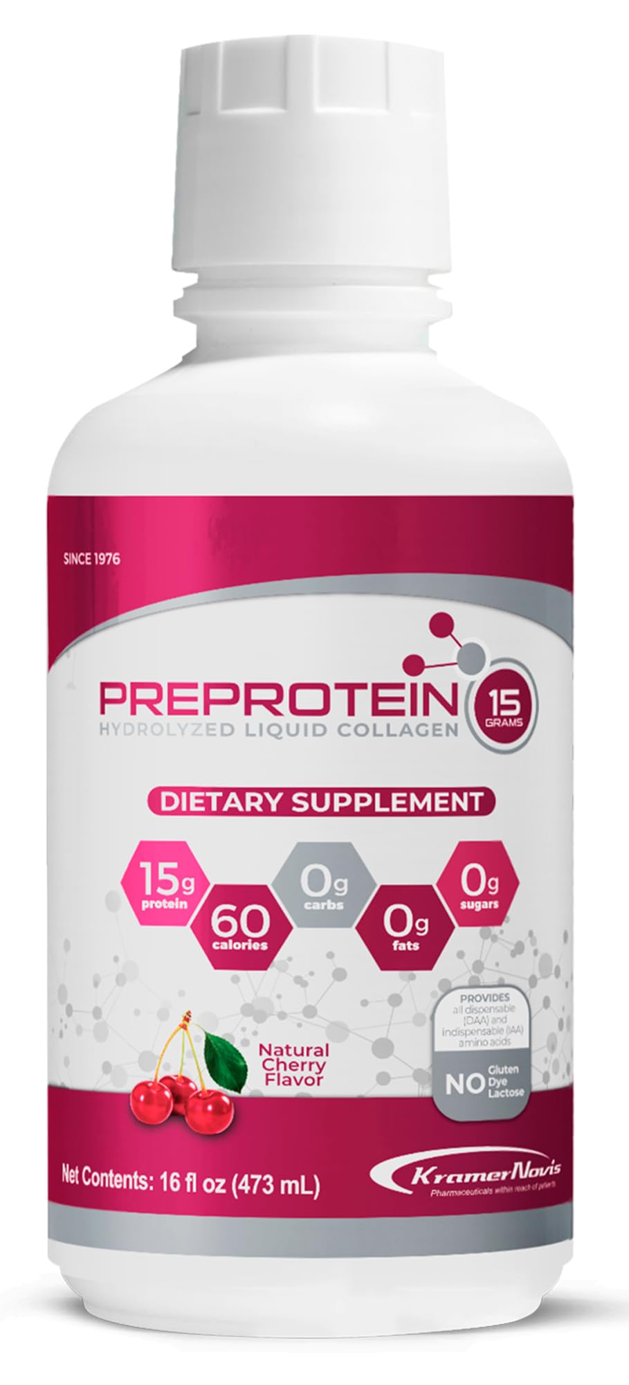 PreProtein front packaging cherry flavor showing bottle and servings, highlights convenient recovery use
