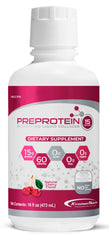 PreProtein front packaging cherry flavor showing bottle and servings, highlights convenient recovery use