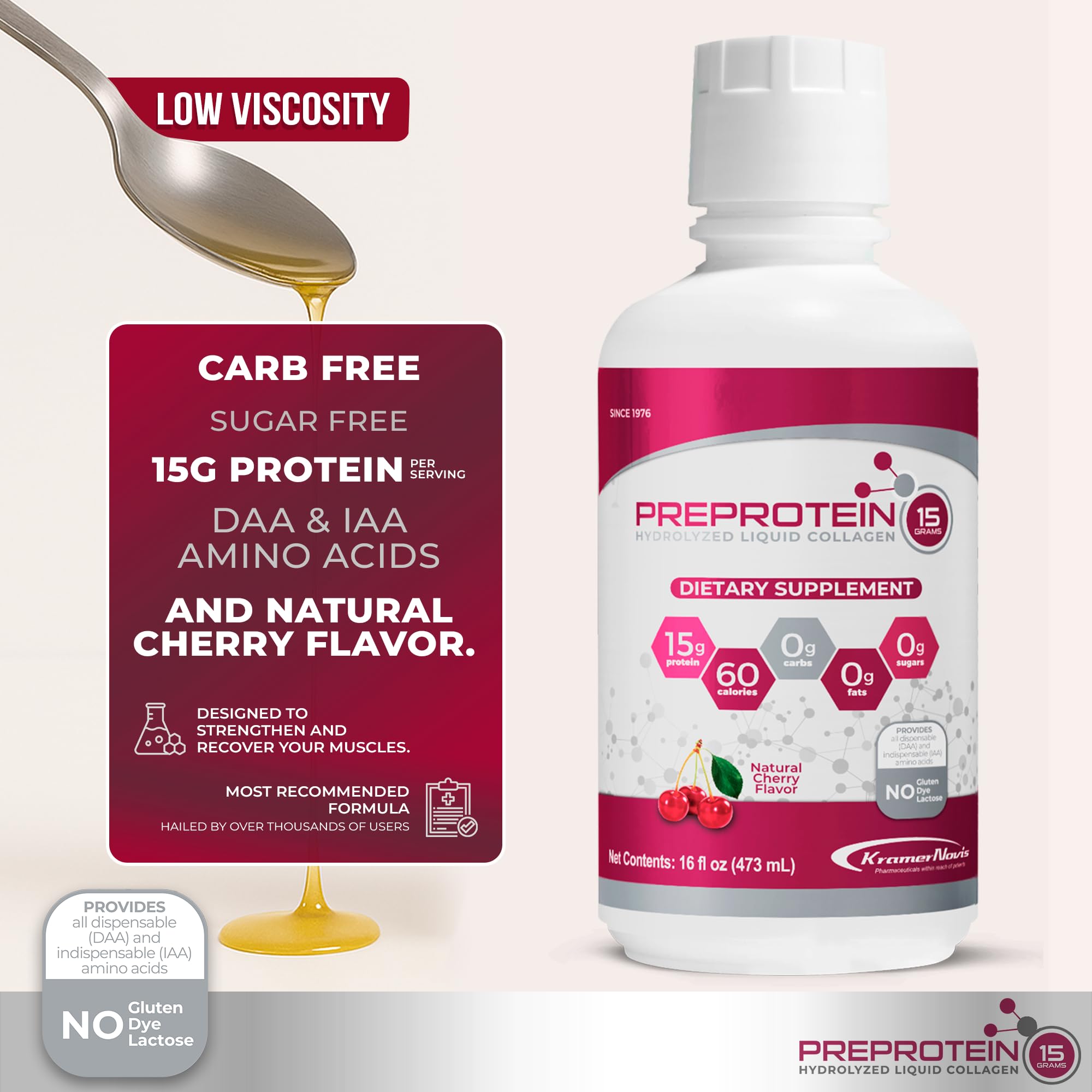 PreProtein next to one-ounce measuring cup, illustrates concentrated serving size convenience