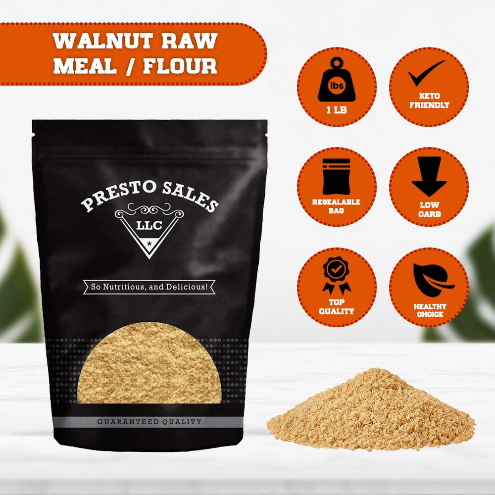 Presto Sales open pouch displaying fine walnut flour texture and freshness