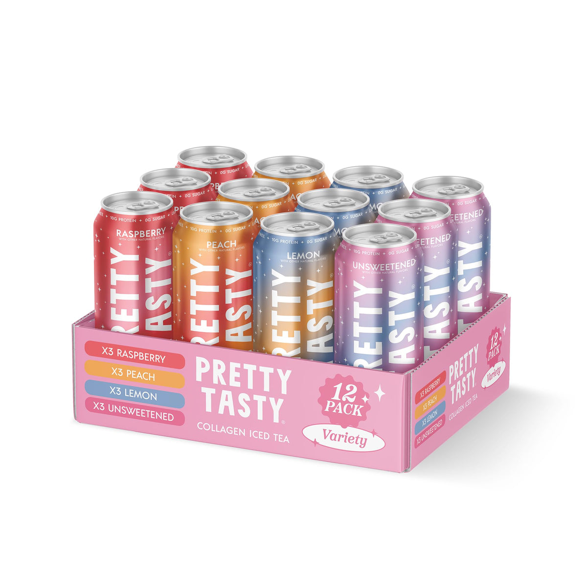 Pretty Tasty front pack showing 12-can variety and convenient storage benefit