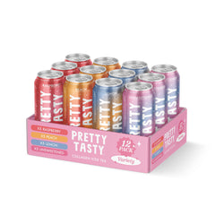 Pretty Tasty front pack showing 12-can variety and convenient storage benefit
