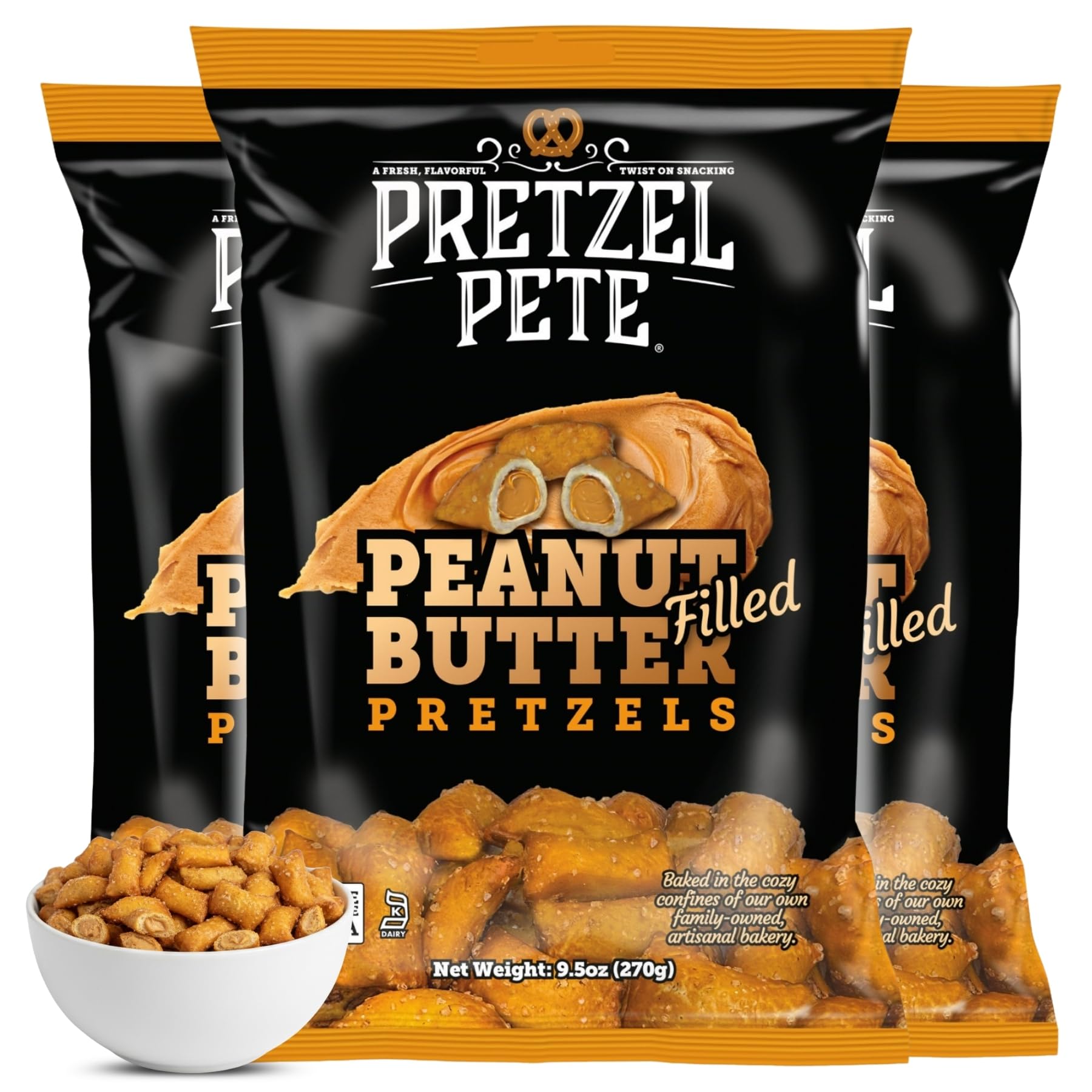 PRETZEL PETE front packaging shows three 9.5oz bags and portion convenience