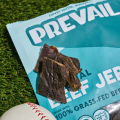 PREVAIL open pouch with strips of jerky highlighting portable protein
