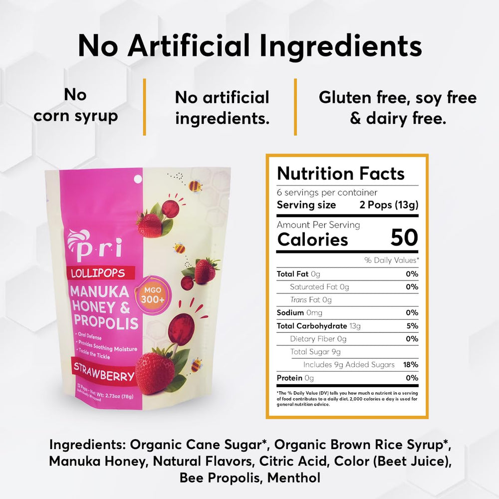 several unwrapped P.R.I strawberry Manuka lollipops displayed for serving and portion clarity