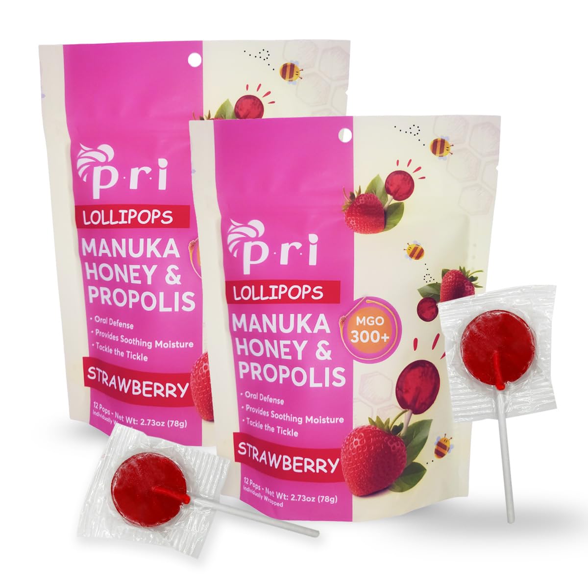 P.R.I front packaging showing 24 strawberry Manuka honey lollipops and bundle benefits