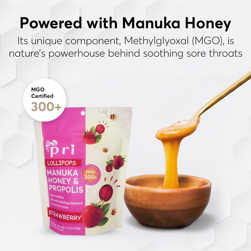 P.R.I ingredients label highlighting MGO 300+ Manuka honey and organic sweeteners