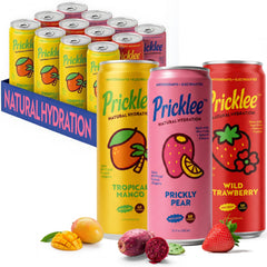 Pricklee front packaging 12-pack showing cans and branding, refreshing hydration benefit