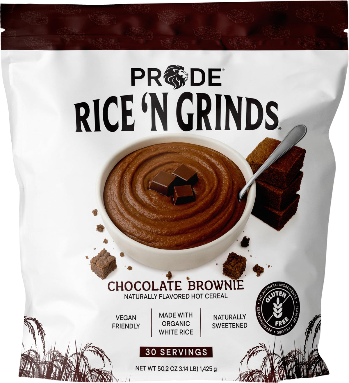 Pride Foods front packaging showing chocolate brownie hot cereal and 30 servings benefit