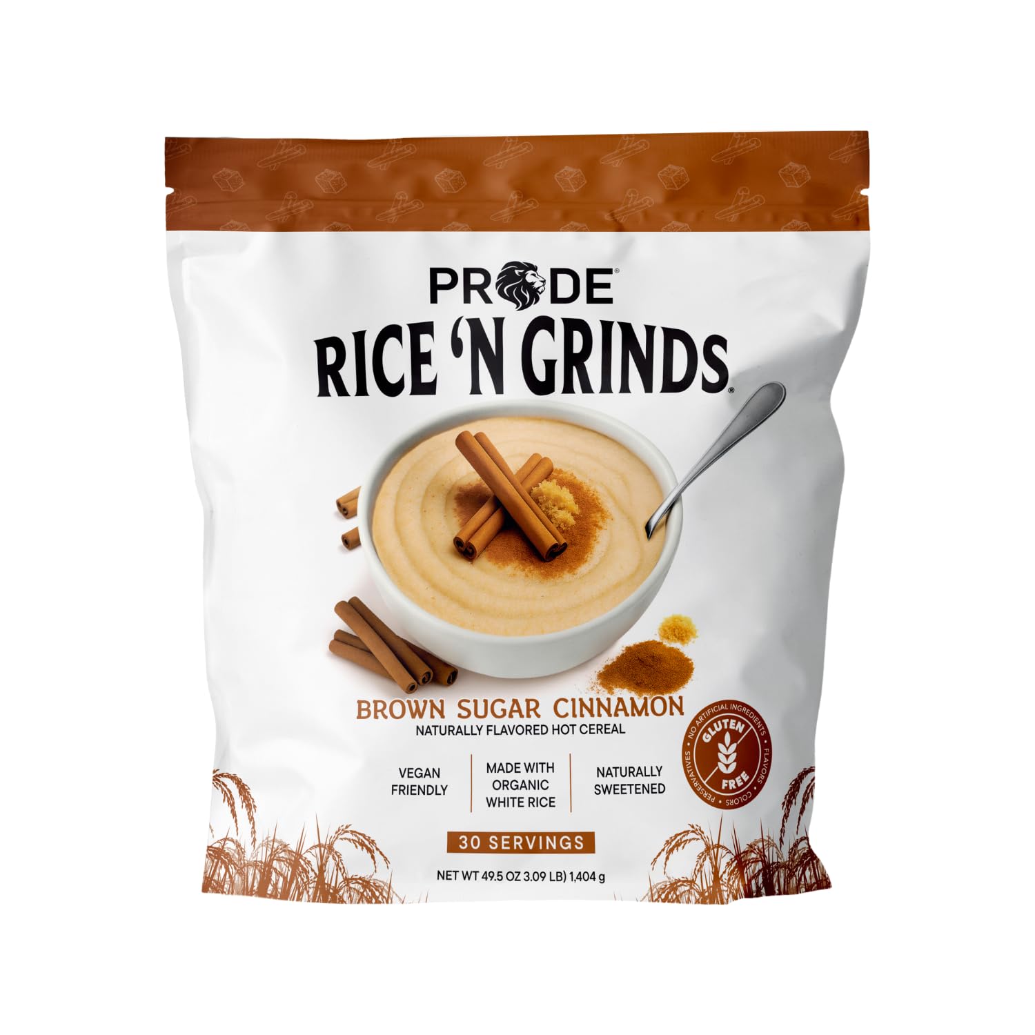 Pride Foods front packaging showing brown sugar cinnamon flavor and gluten-free badge for quick breakfasts