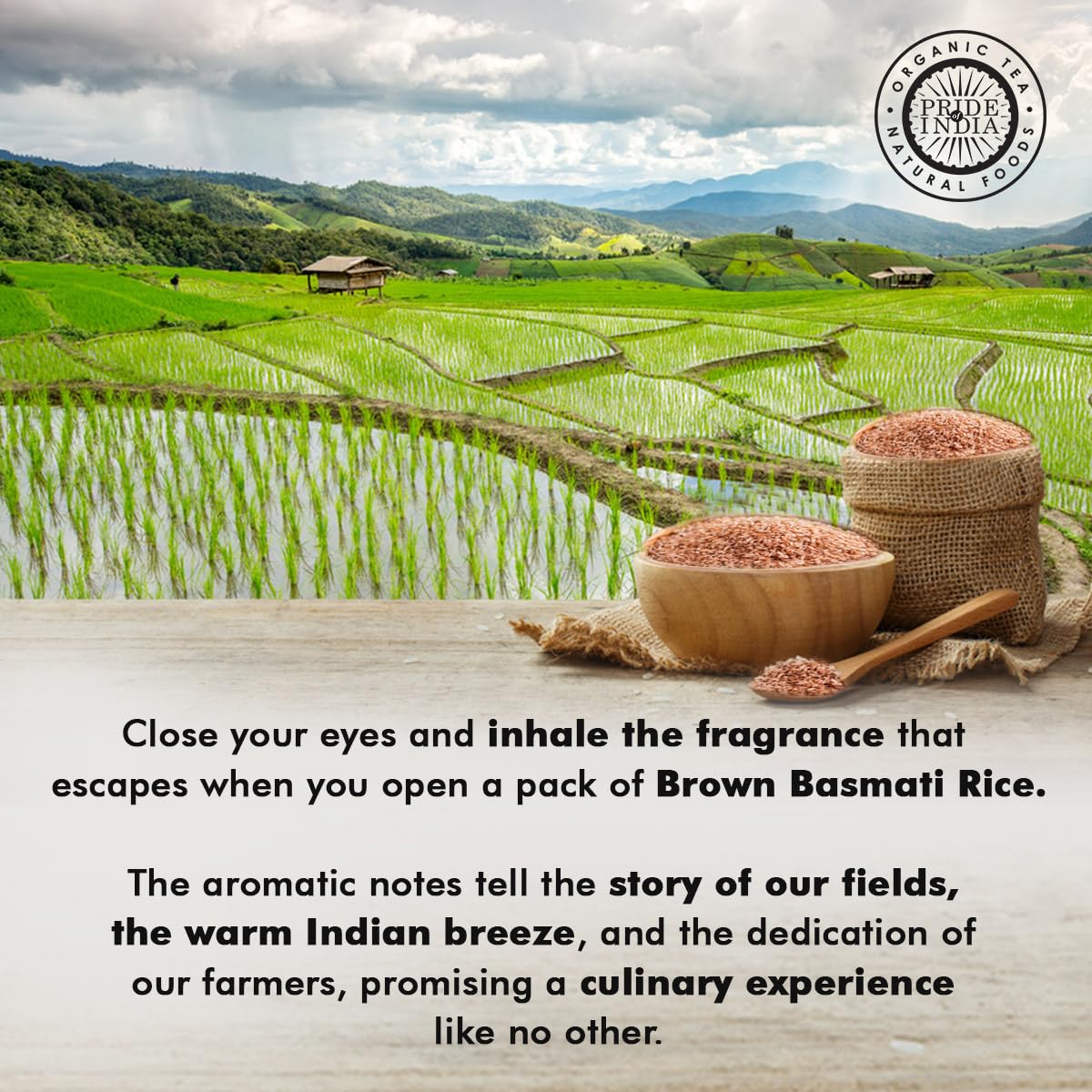 Pride Of India label close-up displaying origin, non-GMO and nutrition details