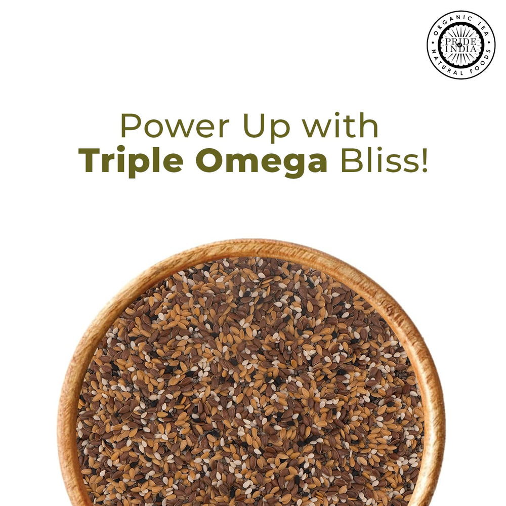 Pride Of India close-up of chia, flax and sesame mix highlighting omega-rich blend benefits