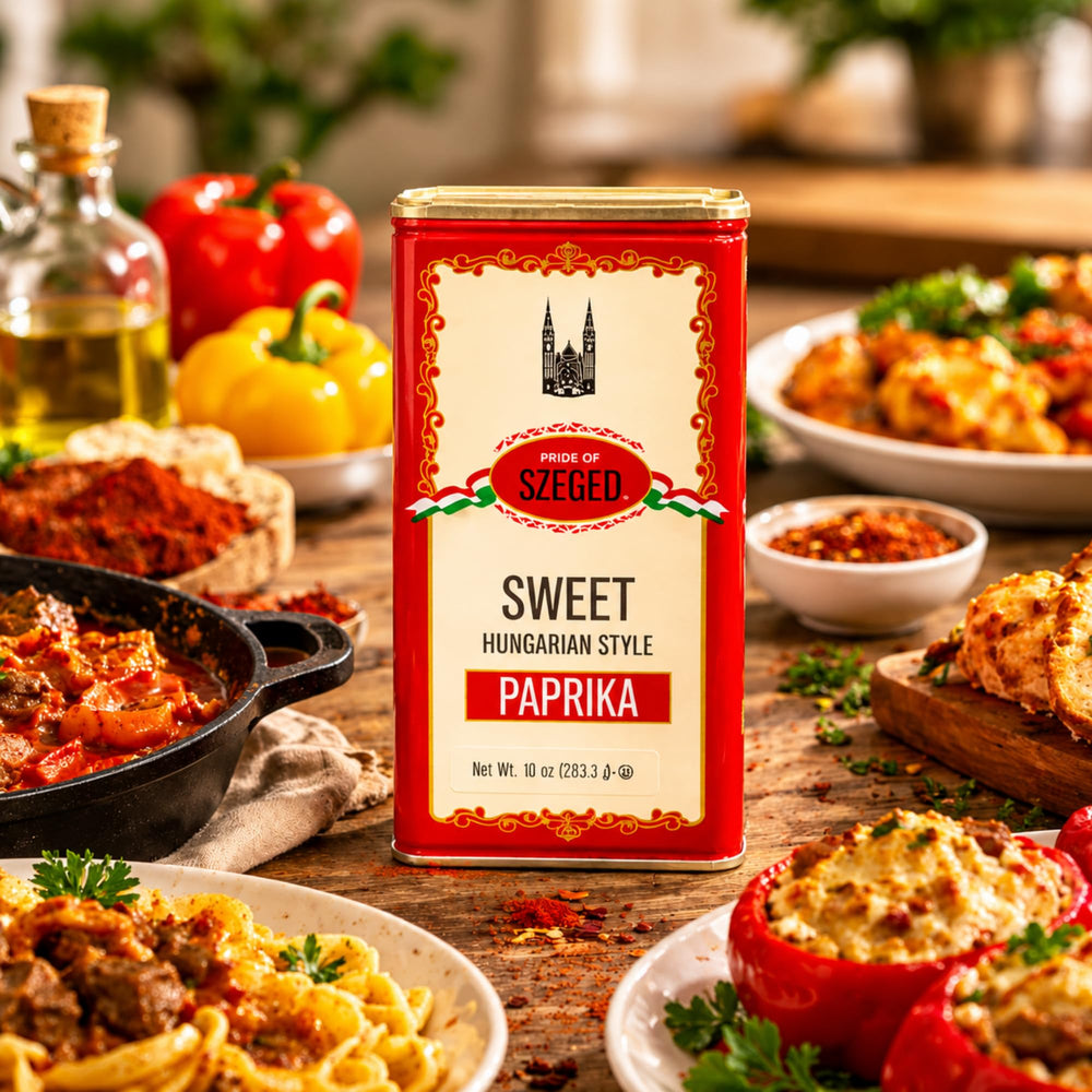 Pride Of Szeged spoon of paprika beside measuring scale for portioning
