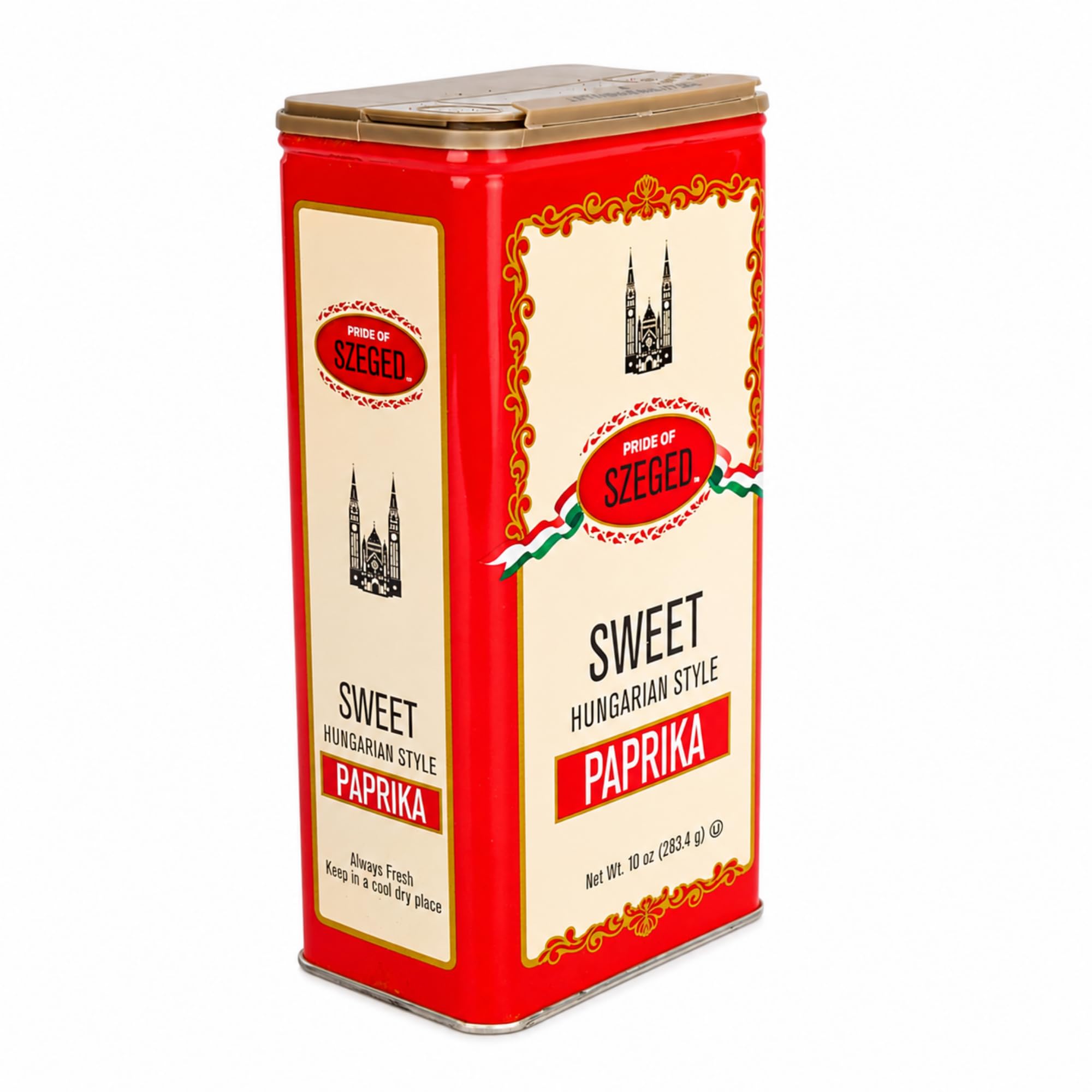 Pride Of Szeged open tin with smooth paprika powder for easy scooping