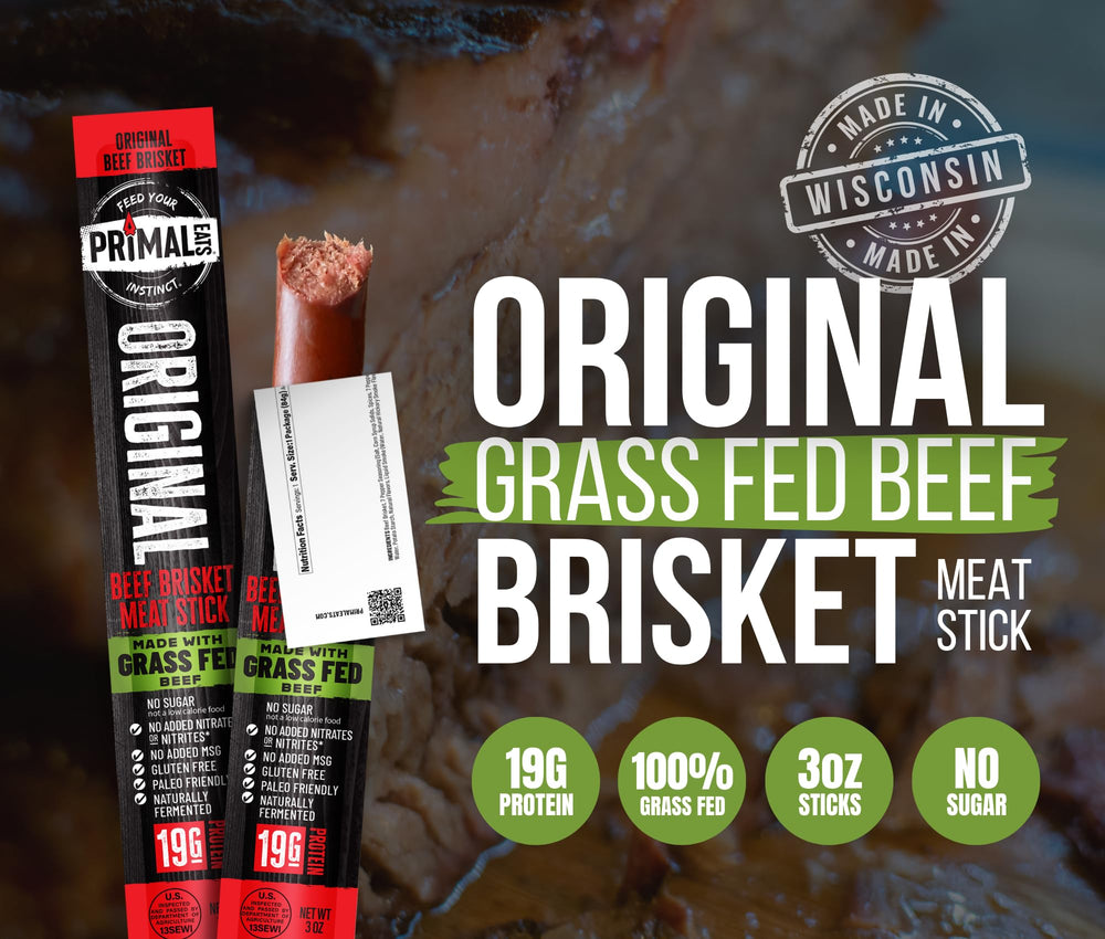 Primal Eats single 3oz brisket stick unwrapped ready to eat, high protein