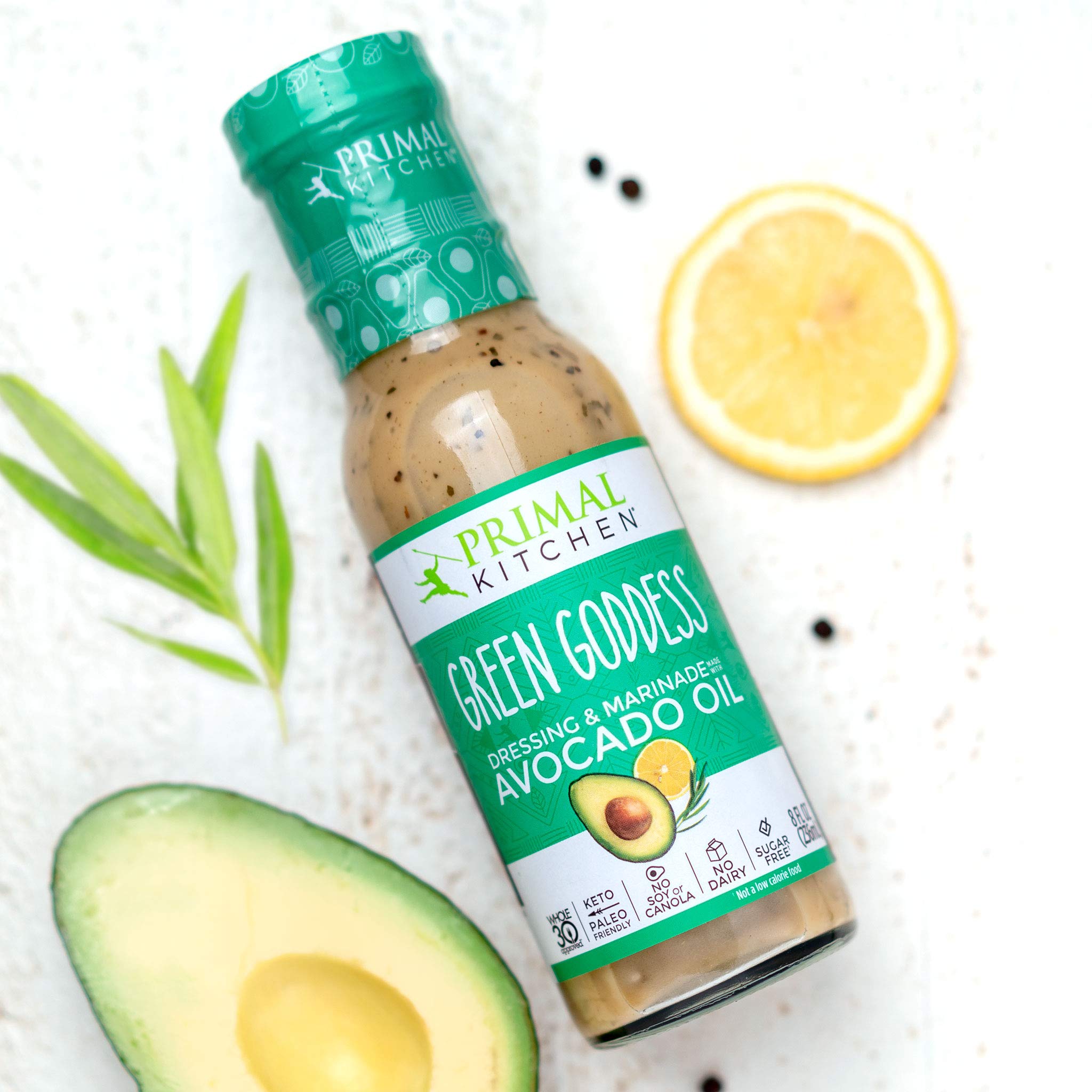 Primal Kitchen Caesar bottle detail with cap emphasizing savory, no-seed-oil dressing