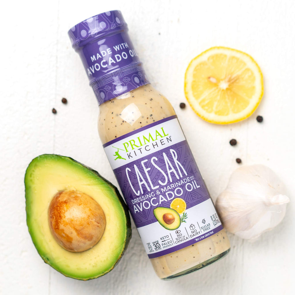 Primal Kitchen Ranch bottle closeup label highlighting avocado oil and clean ingredients