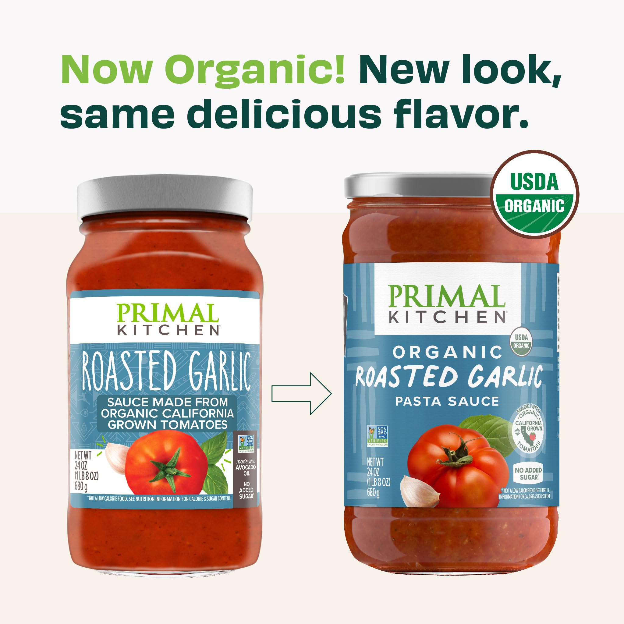 Primal Kitchen sauce poured over pasta showing coverage and quick meal benefit