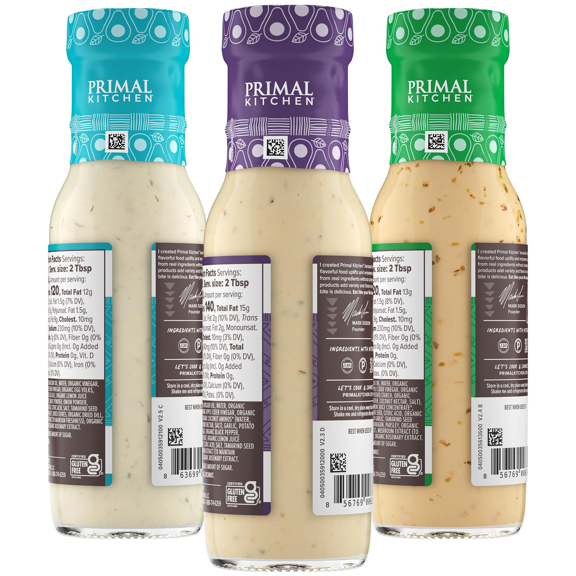 Primal Kitchen three bottles side by side displaying Ranch, Caesar, Green Goddess options
