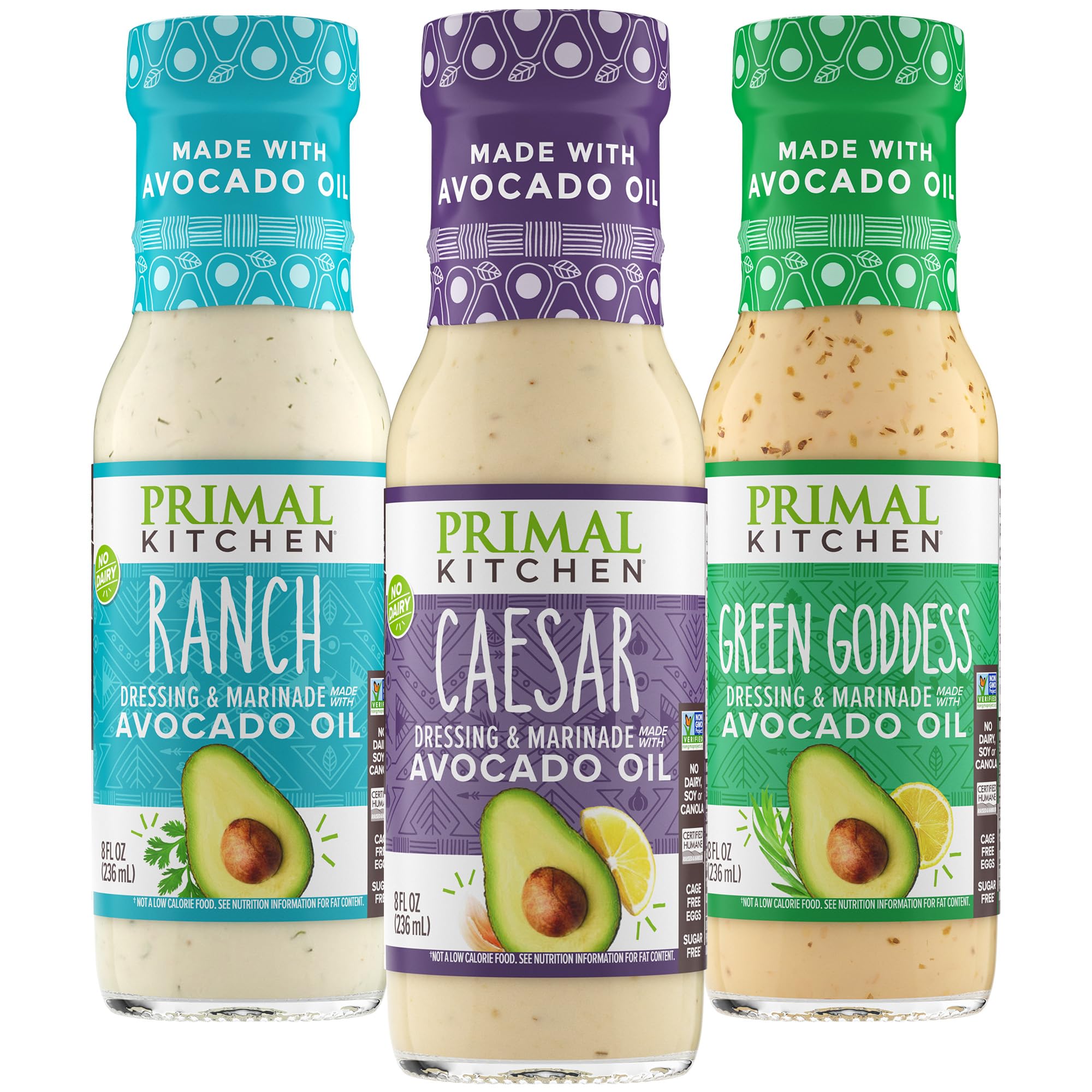 Primal Kitchen variety pack front packaging showing three bottles and benefits
