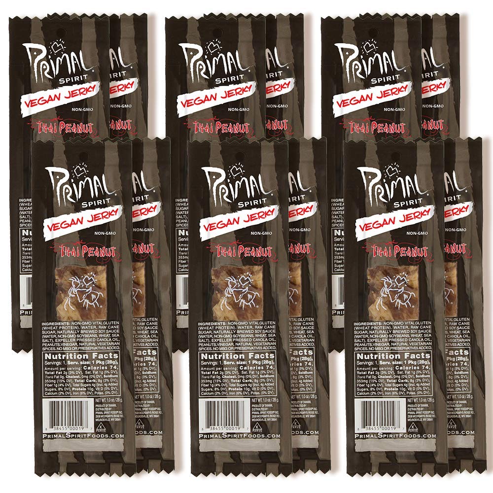 Primal Spirit front packaging showing Thai Peanut flavor and 10g protein benefit