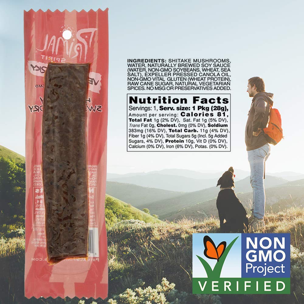 Primal Spirit opened pouch with a single shiitake strip ready to eat portable protein