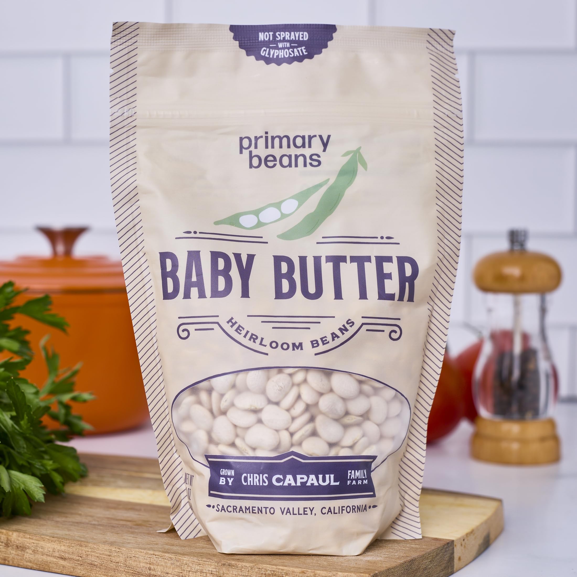 Primary Beans label and nutrition facts close-up showing non-GMO, vegan, additive-free benefit
