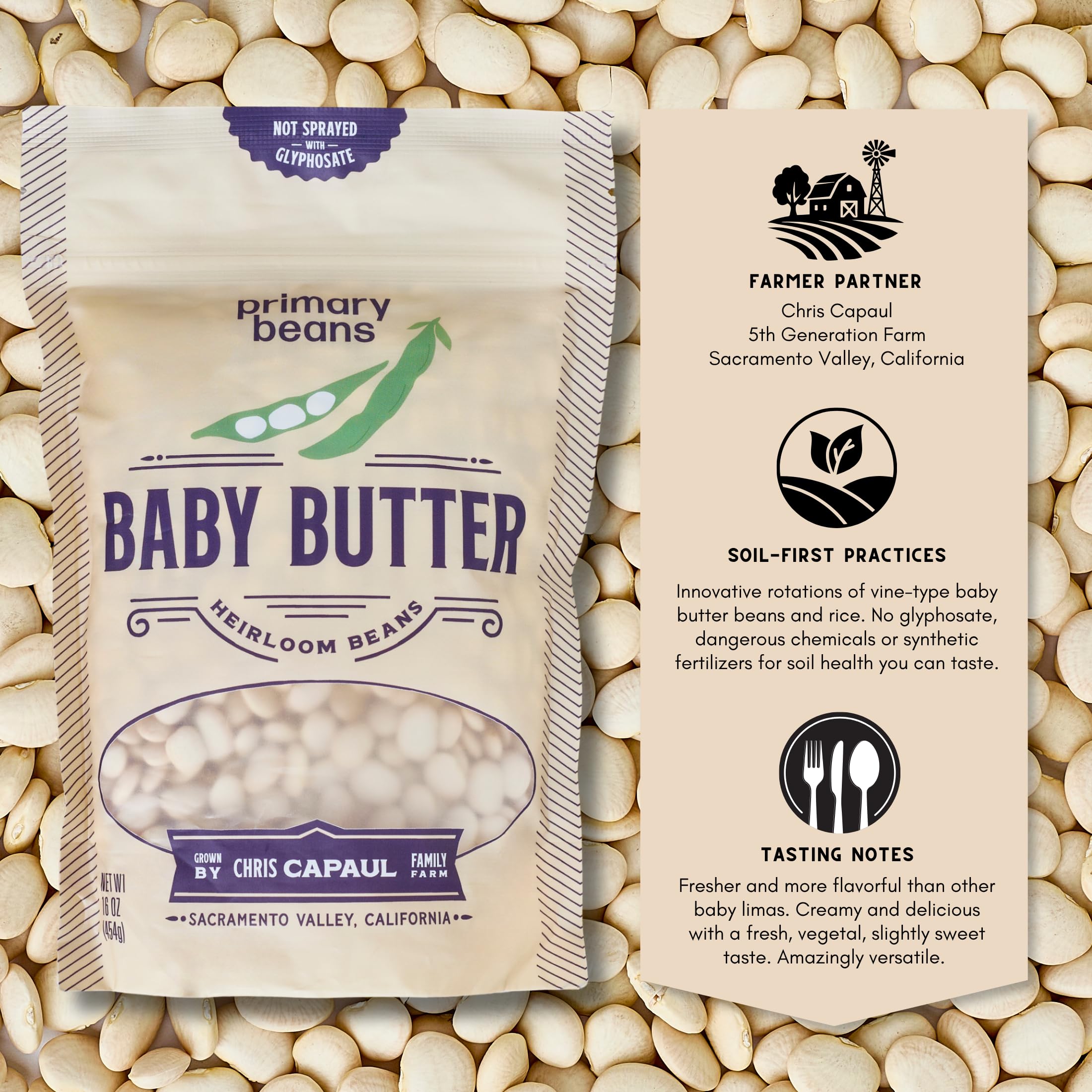 Primary Beans open bag with scoop showing easy portioning and freshness preservation benefit