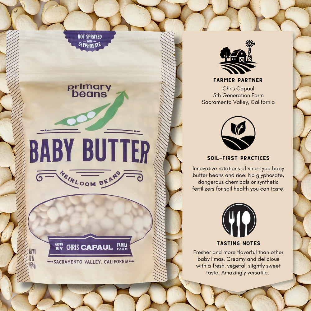 Primary Beans open bag with scoop showing easy portioning and freshness preservation benefit