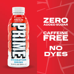 PRIME Hydration label closeup showing Cherry Freeze branding and ingredient focus