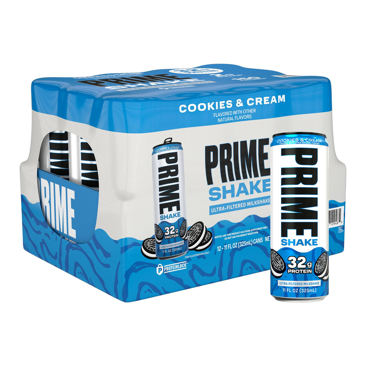 PRIME HYDRATION front can view showing cookies and cream flavor and convenience
