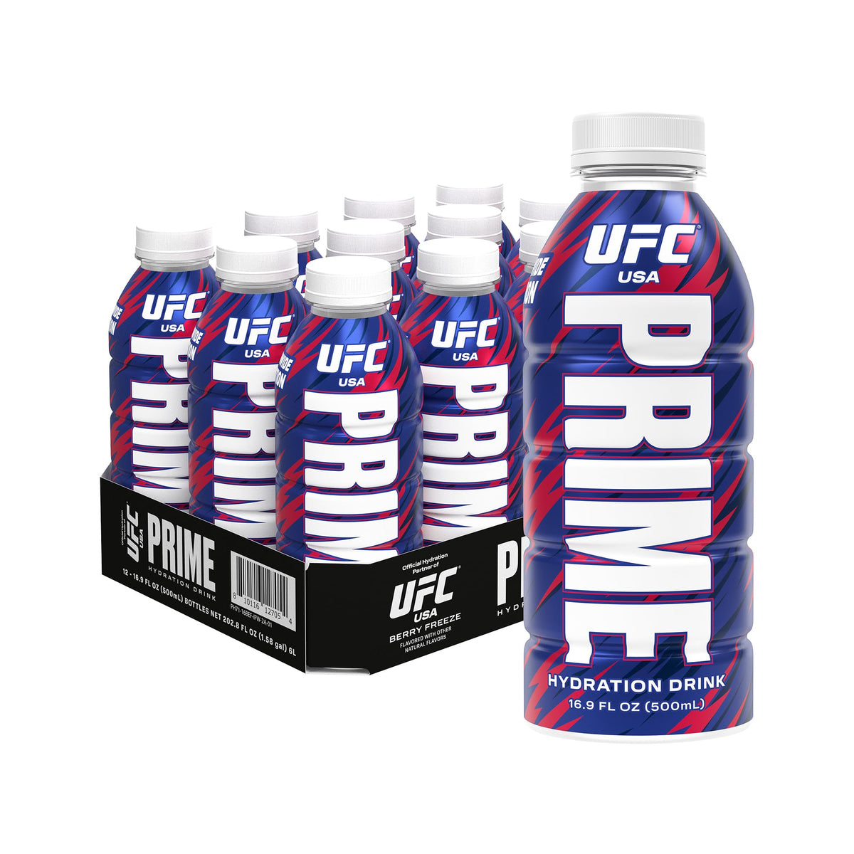 PRIME Hydration front packaging showing 12-pack and bold flavor, highlights convenience