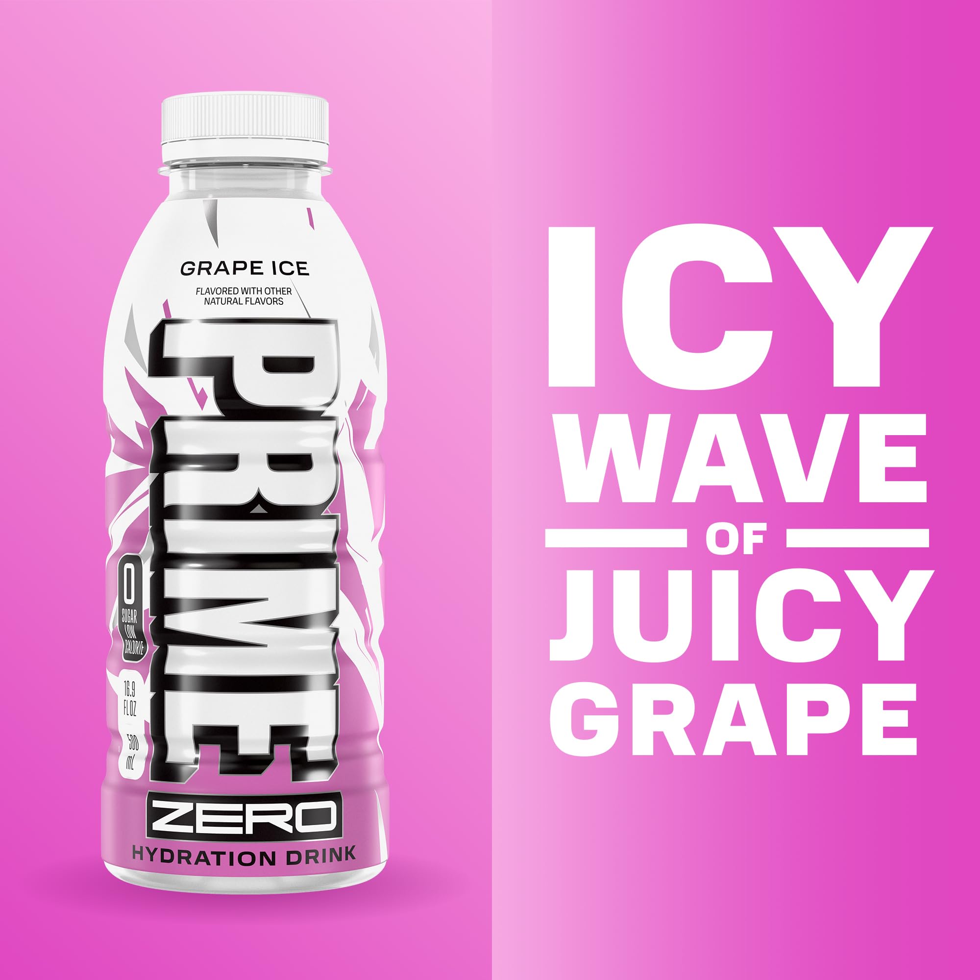 PRIME HYDRATION close-up of bottle label highlighting ingredients and natural flavors