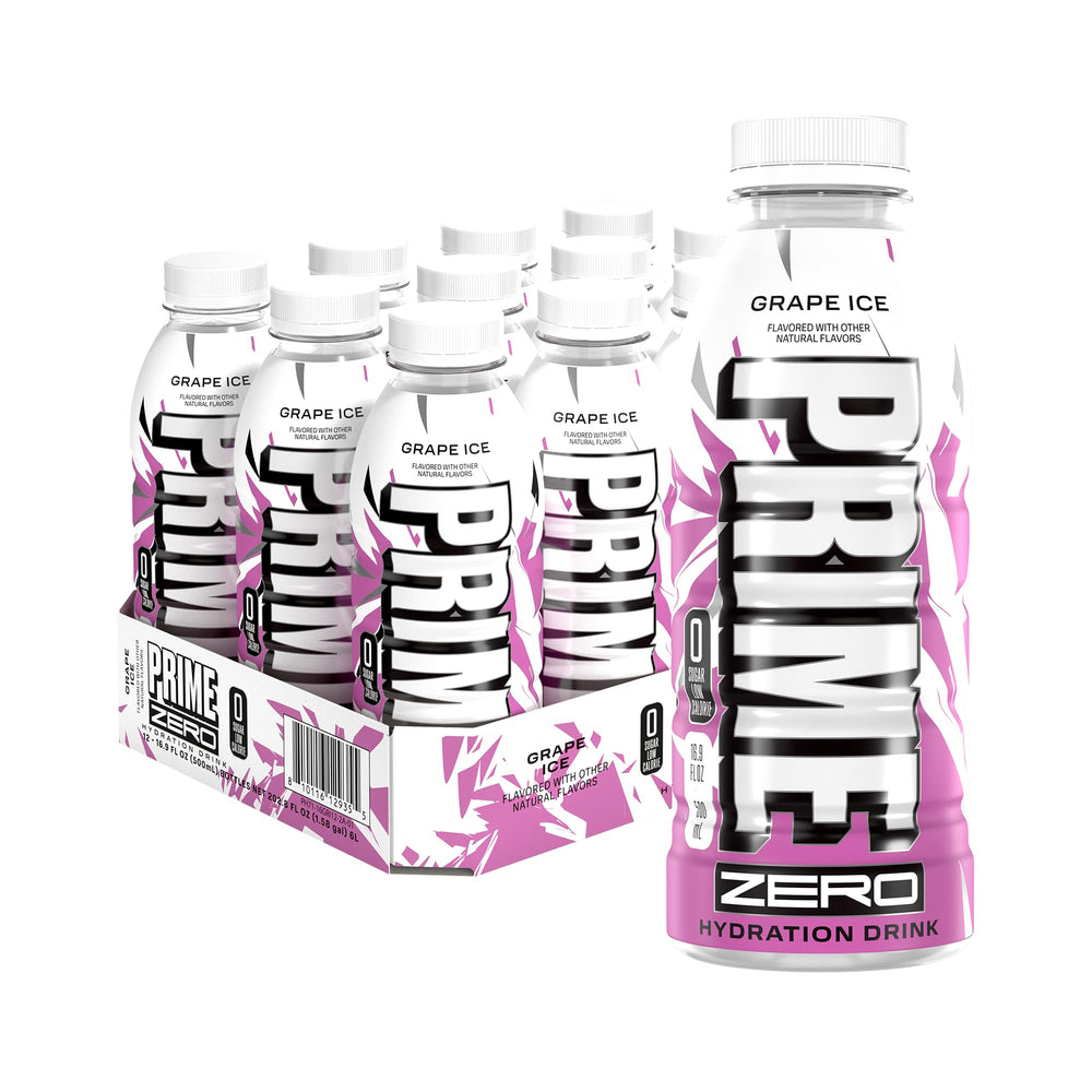 PRIME HYDRATION front packaging showing 12-pack and bold grape branding for convenience
