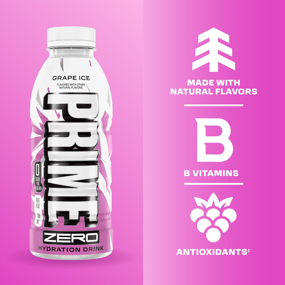 PRIME HYDRATION pouring Grape Ice to show clear texture and refreshing appearance