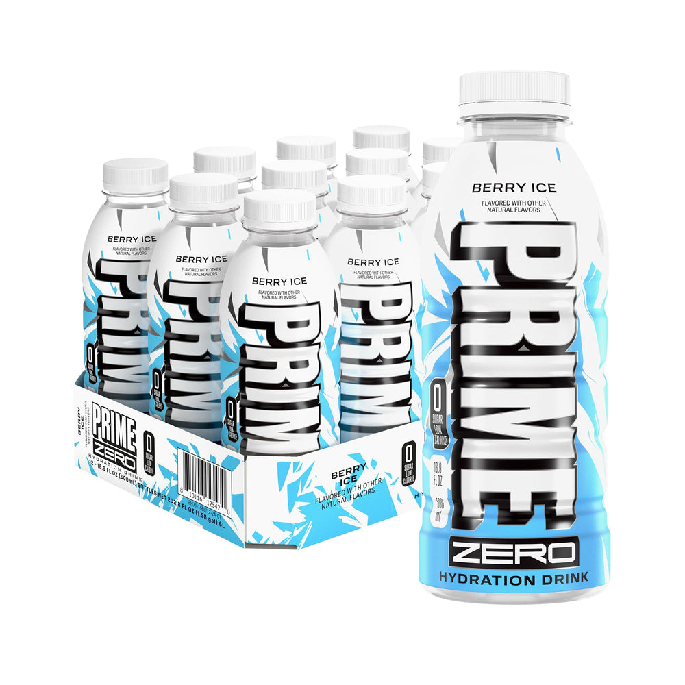 PRIME HYDRATION front packaging showing Berry Ice flavor and benefits