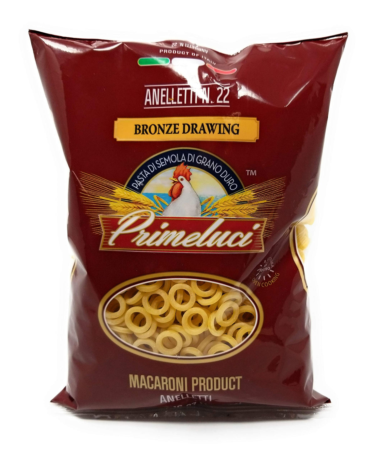 Primeluci front packaging showing 1 lb bag and clear labeling, ensures authentic Sicilian pasta