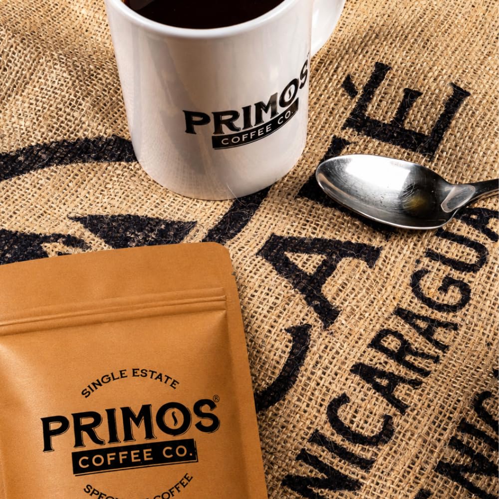 Primos Coffee Co. bag beside a scale showing portion size for consistent brewing