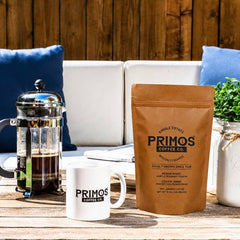 Primos Coffee Co. coffee in French press demonstrating rich crema and full body
