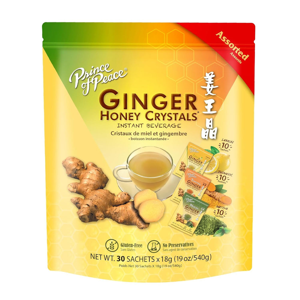 Prince of Peace front packaging showing assorted 30 sachets and product benefits