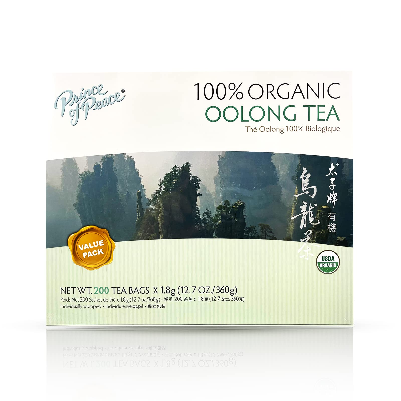 Prince of Peace front packaging showing 200 organic oolong tea bags, value size