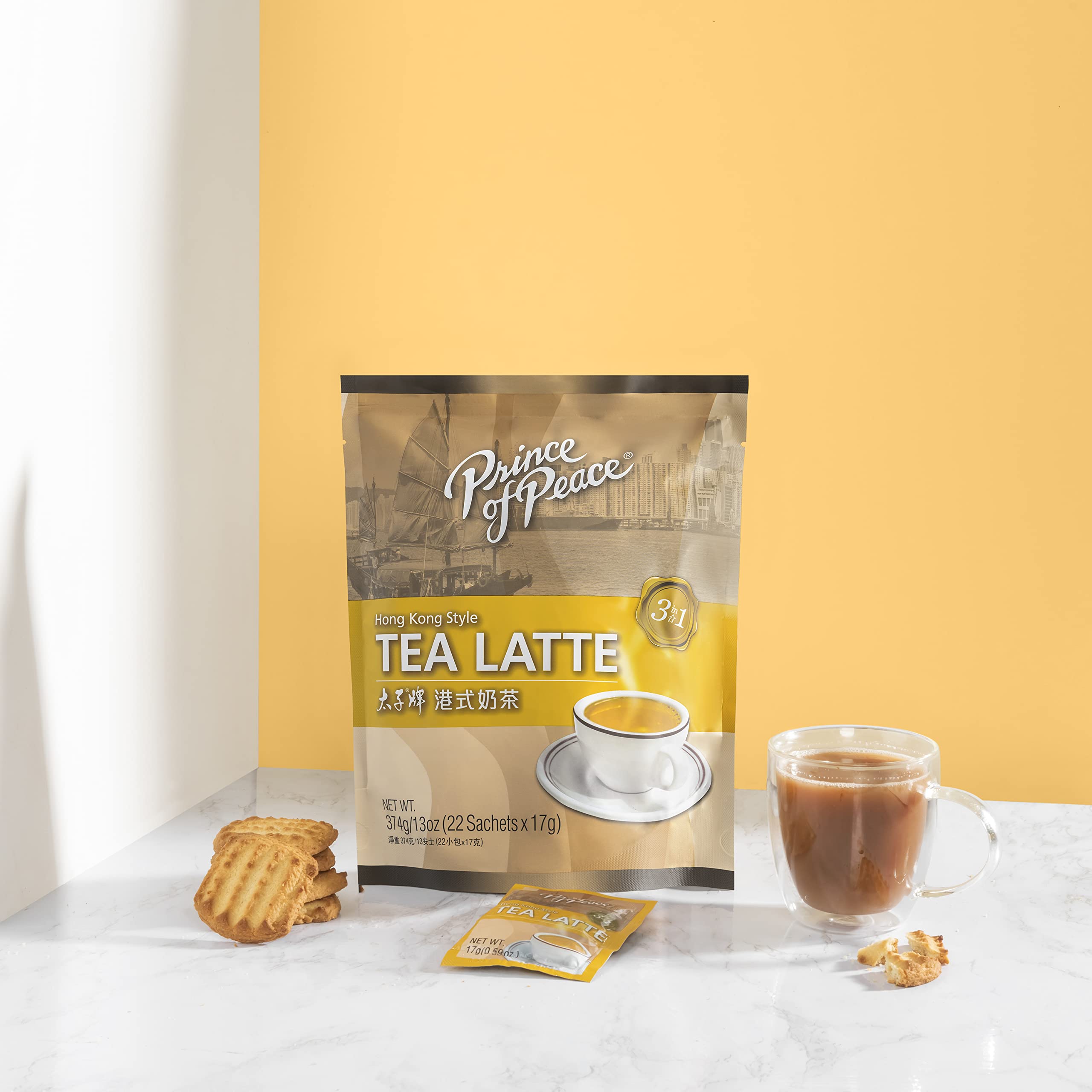 Prince of Peace sachet close-up highlighting tea-latte powder for fast creamy beverage